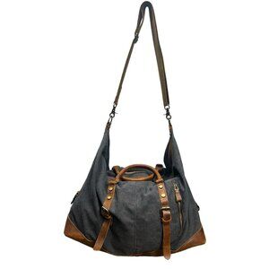 S-zone Weekend Duffle Bag Luggage Travel SuitCase Canvas Blue Gray Leather Trim